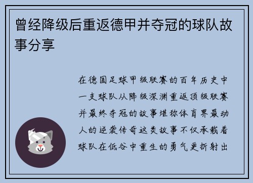 曾经降级后重返德甲并夺冠的球队故事分享